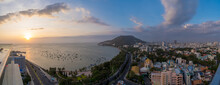 Panoramic Coastal Vung Tau View From Above, With Waves, Coastline, Streets, Coconut Trees And Tao Phung Mountain In Vietnam. Long Exposure Photography At Dawn.