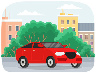 Wall Mural - Modern cars sedan and minivan drive on road in city against tall buildings on carriageway. Urban landscape auto road vehicle, transportation. Car tourism, auto trip, journey, automobile transport