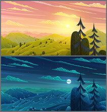 Day And Night In Forest, Cartoon Vector. Hills And Tall Trees, Pine Forest On Horizon Lush Bushes, Clouds In Starry Sky. Beautiful Nighttime Landscape. Green Plant And Grass Rural Land Background