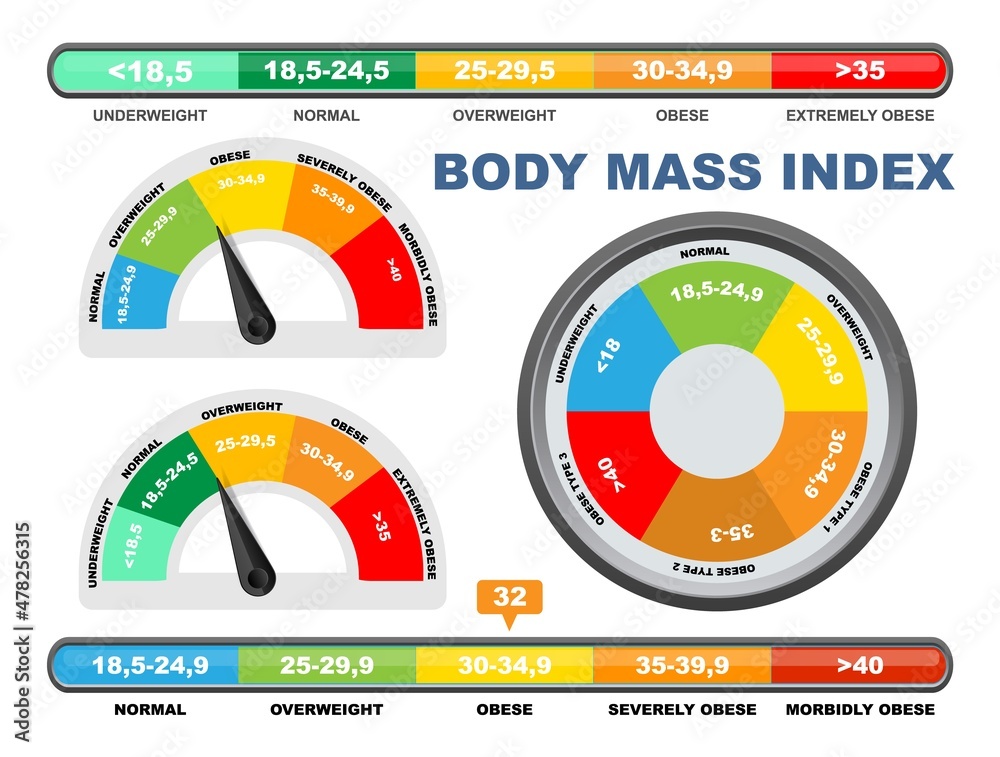Body Math Index BMI chart, scale, vector illustration. Body mass index meter, weight ...