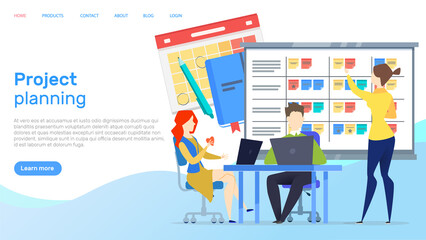 Poster - Project planning, time management concept. People cooperating to deal with new startup. Company employees work with laptops, create plan. Website for busines project creation landing page template