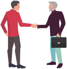 Meeting of two businessmen and business handshake. Business partners conclude contract. New project discussion, strategy planning, conclusion of contract concept. Men shake hands in agreement.