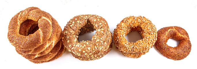 Turkish bagel (simit, gevrek). Turkish traditional sesame bagels. Simit . Isolated on white background.