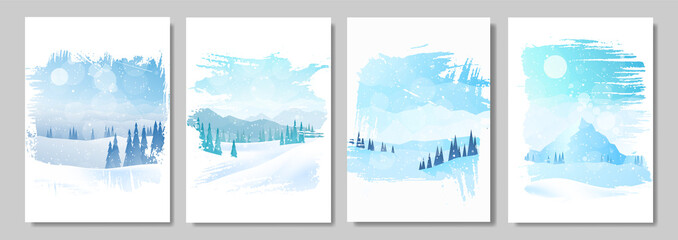 Wall Mural - Winter Landscapes Set. Flat illustration. Mountain landscape. Travel concept of discovering. Hiking tourism. Adventure. Minimalist graphic posters. Polygonal flat design for coupons, vouchers, cards