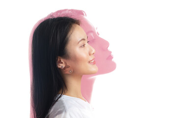 Multiple exposure portrait of asian woman with positive smile and serious sad facial expression. Mental health, depression contemplation and emotions overstressed bipolar