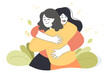 Happy meeting of two hugging female friends. Smiling woman putting her arms around girlfriend flat vector illustration. Love, relatives, friendship, affection, relationship concept