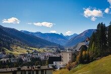 City Of Davos Graubunden Switzerland, Between Mountains Alps Durring Autumn, Place Of World Economic Forum