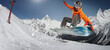 Leinwandbild Motiv Snowboarder jumping through air with deep blue sky in background. Sport background. Winter sport. 