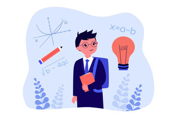 Wall Mural - Funny intelligent schoolboy with glasses and math equations. Genius boy studying in school flat vector illustration. Mathematics, study, science concept for banner, website design or landing web page