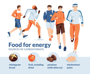 running sports and eating for energy. Infographics. A group of different men running on a white background. Diet food icons. Flat vector illustration