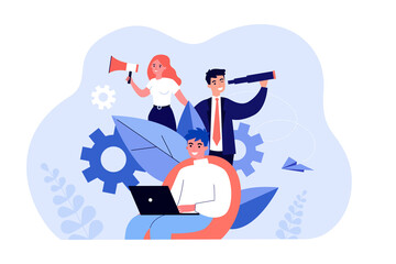 Wall Mural - Recruit search by team of managers with megaphone and telescope. Male candidate working with laptop flat vector illustration. Employment, vacancy concept for banner, website design or landing web page