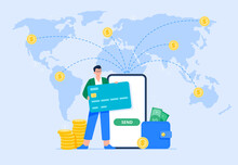 International Money Transfer And Safe Transactions. A Male User Sends Money To Different Locations Abroad Using A Mobile Banking App. Easy Banking, Payments Concept. Vector Flat Illustration.
