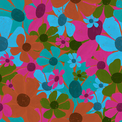 Poster - Fuchsia, green and turqoise hand paint flowers seamless repeat pattern print background
