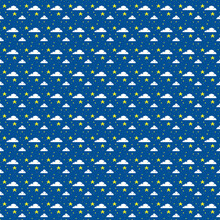 Colorful Simple Vector Pixel Art Seamless Pattern Of Cartoon Drawing Of Night Sky, White Clouds And Stars On Blue Background