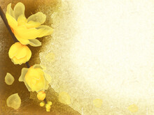 黄色い花をつけた蝋梅の枝の和柄フレーム（金茶の和紙背景）