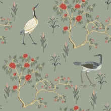 Vintage Garden Tree, Flower, Stork, Bird,  Floral Seamless Pattern Grey Background. Exotic Wallpaper.