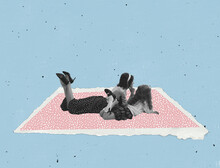 Contemporary Art Collage. Young Woman And Little Girl Lying On Pink Paper Carpet Isolated Over Blue Background