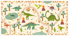 Print. Vector Tropical Maze With Dinosaurs In A Jurassic Park. Cartoon Dinosaurs. Road In Jurassic Park. Game For Children. Children's Play Mat. Tyrannosaurus, Pterodactyl, Brachiosaurus, Tricerathorp