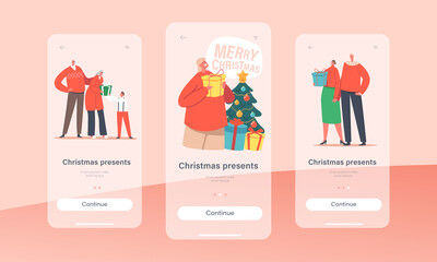 Wall Mural - Christmas Presents Mobile App Page Onboard Screen Template. Happy Family Parents, Grandparents and Kids Celebrate Eve