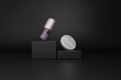 Two-piece capsule and silver  round pill on pedestals on a dark background. Modern medical 3D design wallpaper