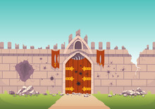 Medieval Walls Broken, Ruined Stone Walls. Citadel After Enemies Attack Or Siege During War. Strong Defence Concept. Castle Fortification With Wooden City Gate, Fairy Tale Exterior