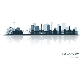 Glasgow skyline silhouette with reflection. Landscape Glasgow, Scotland. Vector illustration.