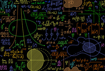 Math scientific vector seamless background with multicolored equations, calculations and formulas 