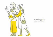 旅行を楽しむふたりの女性　シンプルでお洒落な線画イラスト