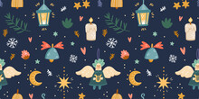 Illustration Of A Seamless Pattern Of Christmas Items. Moon, Stars, Candle, Bell, Angel, Branches, Flashlight On A Dark Background. Christmas And Magic Theme.