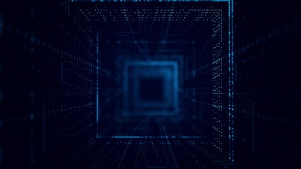 Poster - Technology wireframe tunnel on blue background. Futuristic 3D wormhole grid. Big data visualization. 3D rendering.