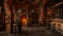 Moody Medieval Tavern Inn Bar Interior Lit By Daylight Through A Window With Shield Decorations And Burning Fire In The Background. 3D Illustration.