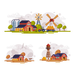 Poster - Country or Rural View with Barn House, Windmill and Water Tower Vector Set