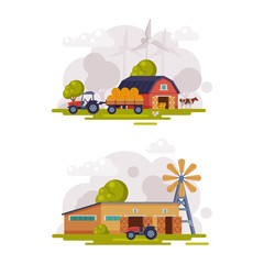 Wall Mural - Country or Rural View with Barn House, Windmill and Tractor Vector Set