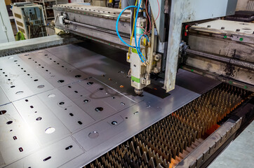 CNC machine for laser cutting sheet metal in a production area, close-up. The picture was taken in Russia, in the workshop of a mechanical plant