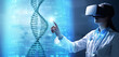 © Paulista - Female young doctor wearing virtual reality headset touching a DNA helix hologram. Genetic engineering concept. 3d illustration