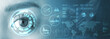 © Paulista - Woman eye with hud interface and infographics in an abstract blue-grey background. Global network connection.