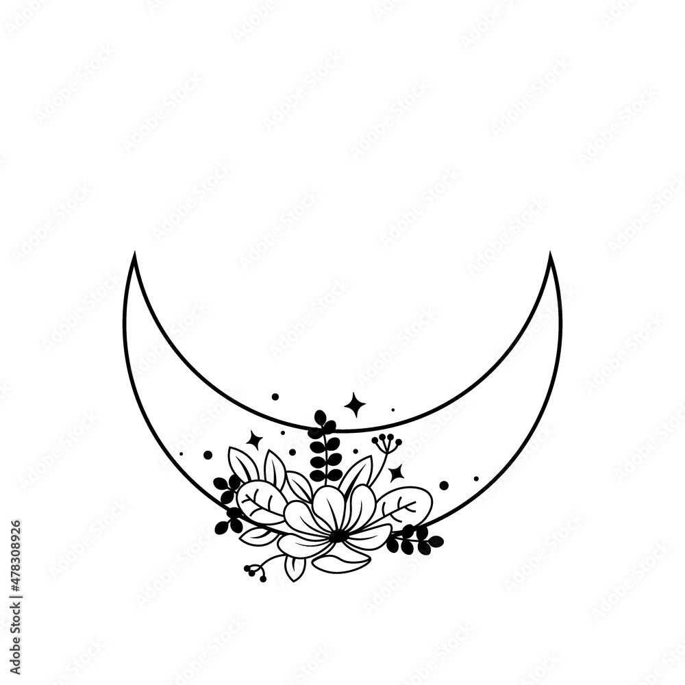 Boho moon with flowers and leaves. Mystic vector illustration on white ...