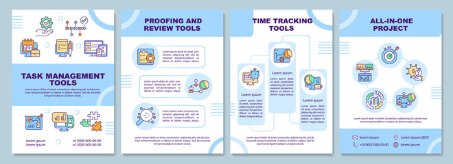 Business tools types brochure template. Management software. Booklet print design with linear icons. Vector layouts for presentation, annual reports, ads. Arial-Black, Myriad Pro-Regular fonts used