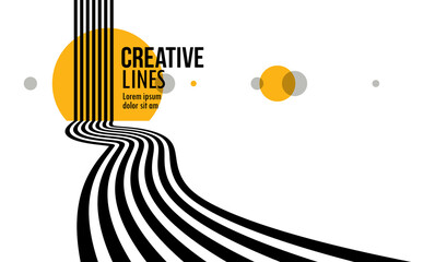 3d black and white lines in perspective with yellow elements abstract vector background, linear pers