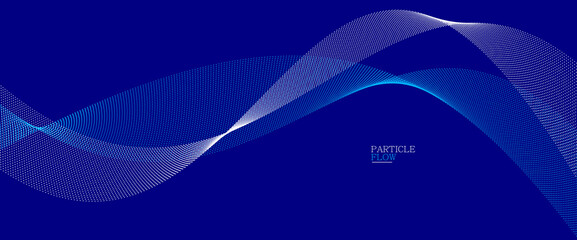 Dark blue abstract background, vector wave of flowing particles, curvy lines of dots in motion, technology and science theme, airy and ease futuristic illustration.