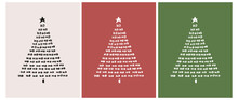 Christmas Vector Cards. White And Black Christmas Tree Isolated On A Red, Beige And Green Background. Cute Christmas Illustration In 3 Different Colors. Tree Made Of Handwritten Ho Ho Ho.