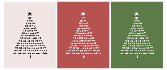 christmas vector cards. white and black christmas tree isolated on a red, beige and green background