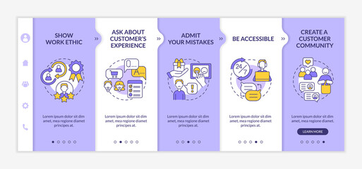 Wall Mural - Customer service tips purple and white onboarding template. Good client support. Responsive mobile website with linear concept icons. Web page walkthrough 5 step screens. Lato-Bold, Regular fonts used