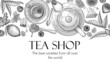 Horizontal vector banner template for a tea shop. Graphic linear teapot and cup of tea, spoon, tea leaves, honey, ginger, raspberry, mint, lemon, tea bags