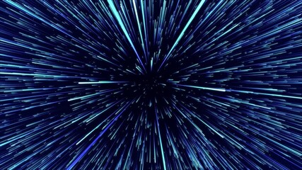 Poster - Abstract blue hyper jump. Digital hyperspace with flow of bright particles. Beams motion in galaxy. Big stars explosion. Space glowing tunnel moving at the speed of light. 3d rendering.