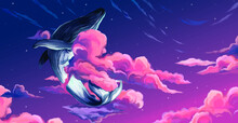 Starry Sky In A Gradient Background With Clouds In Which A Whale Soars