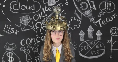 Canvas Print - Funny girl wearing handmade helmet with lightbulb. Slow motion