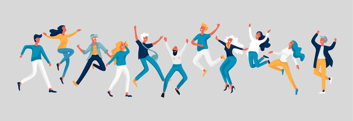 Jumping character in various poses. Group of young joyful laughing people jumping with raised hands. Happy positive young men and women