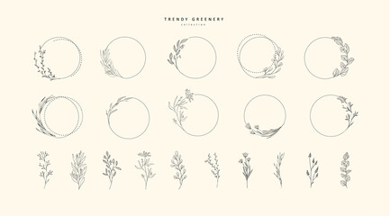 Wall Mural - set of floral round frames labels and banners with branch. hand drawn line wedding herb, elegant lea