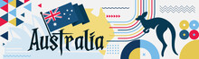 Australia Day Banner Design For 26th Of January. Abstract Geometric Banner For The National Day Of Australia In Shapes Of Red And Blue Colors. Australian Flag Theme With Sydney Landmark Background. 